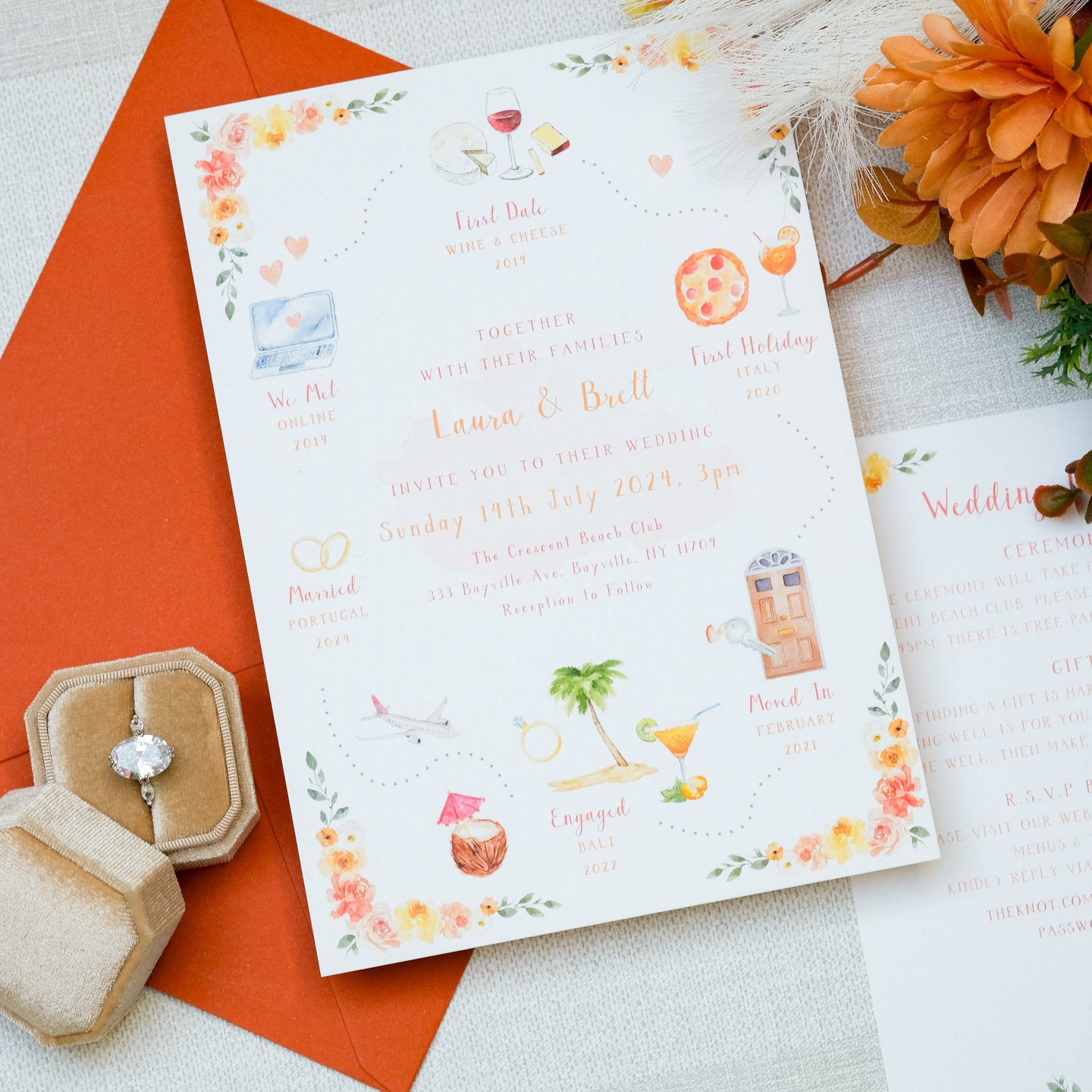 Wedding invitations with a custom illustrated timeline of your relationship, in orange and burnt orange shades with floral border